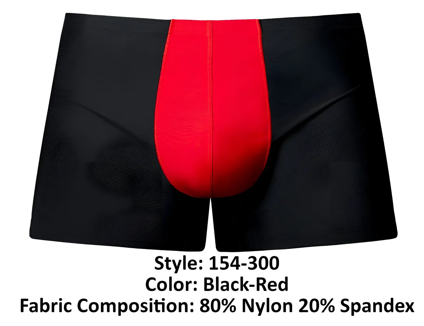 Male power 154-300 hot mesh pouch short black-red men’s boxer briefs with bold red vertical panel made of nylon spandex