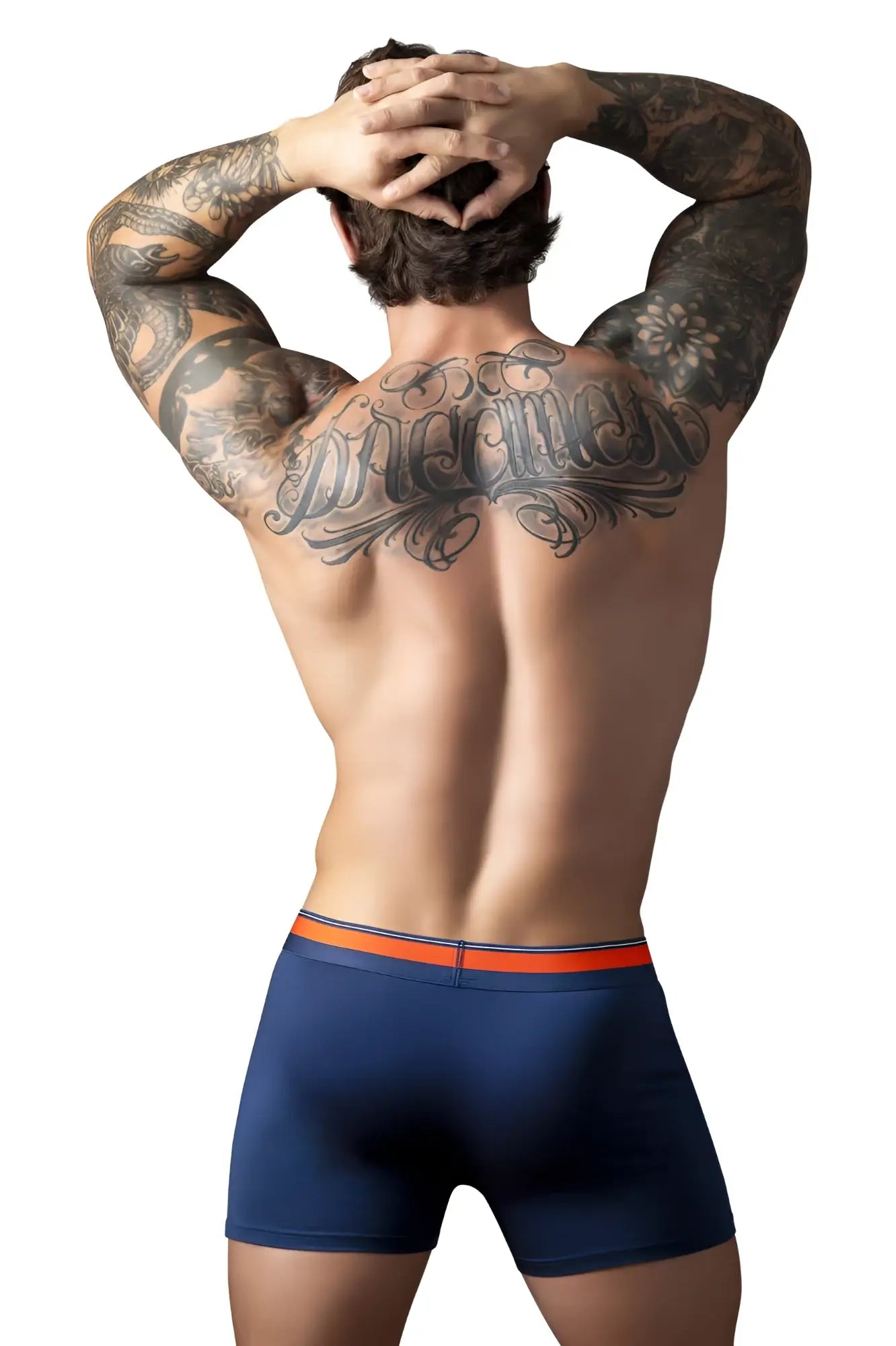 Male Power 160-299 Soo Cumfy boxer briefs in navy with bright orange elastic waistband for comfortable wear