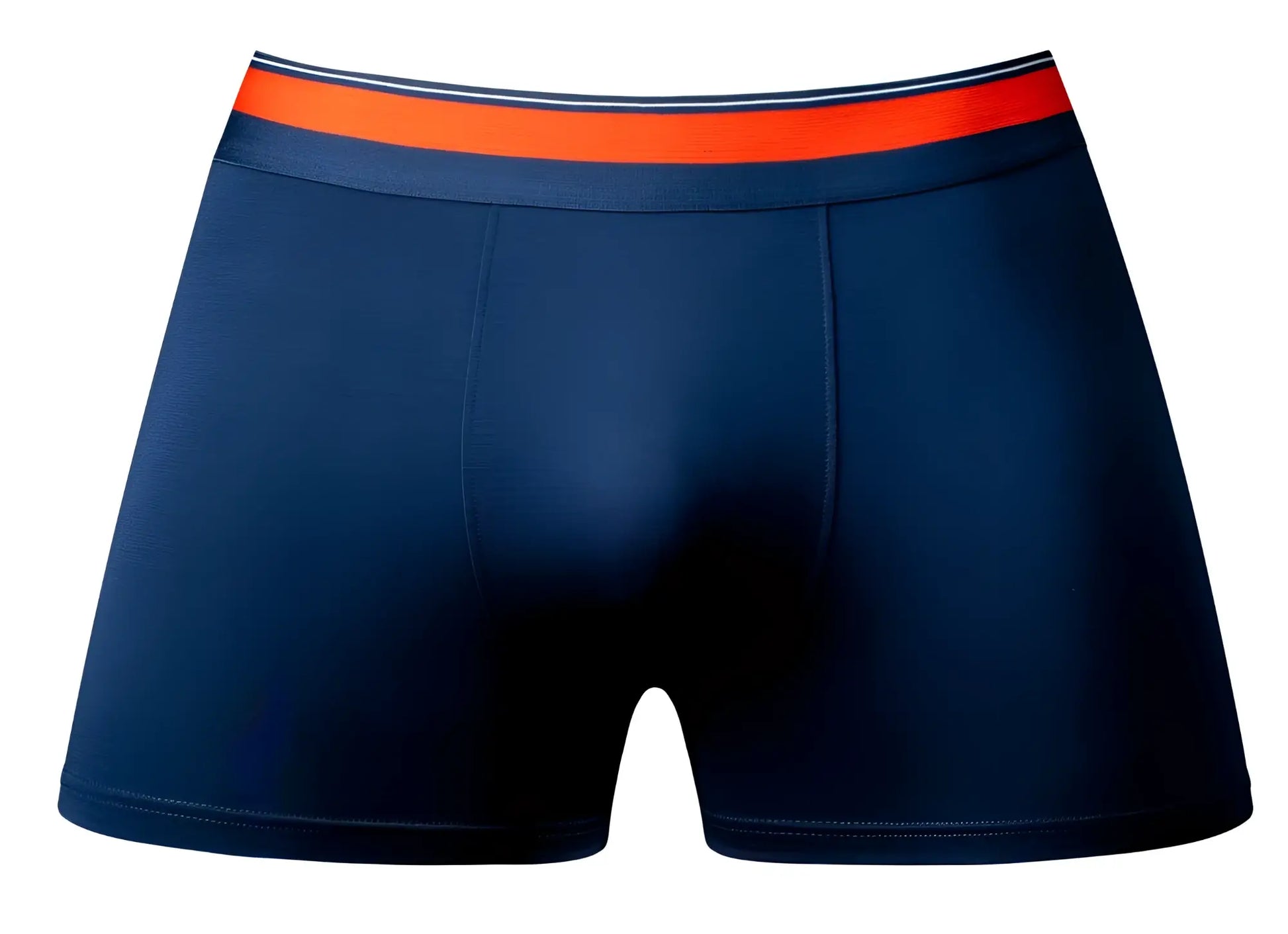 Navy blue male power soo cumfy boxer briefs with bright orange waistband and white dark blue stripes
