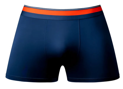 Navy blue male power soo cumfy boxer briefs with bright orange waistband and white dark blue stripes