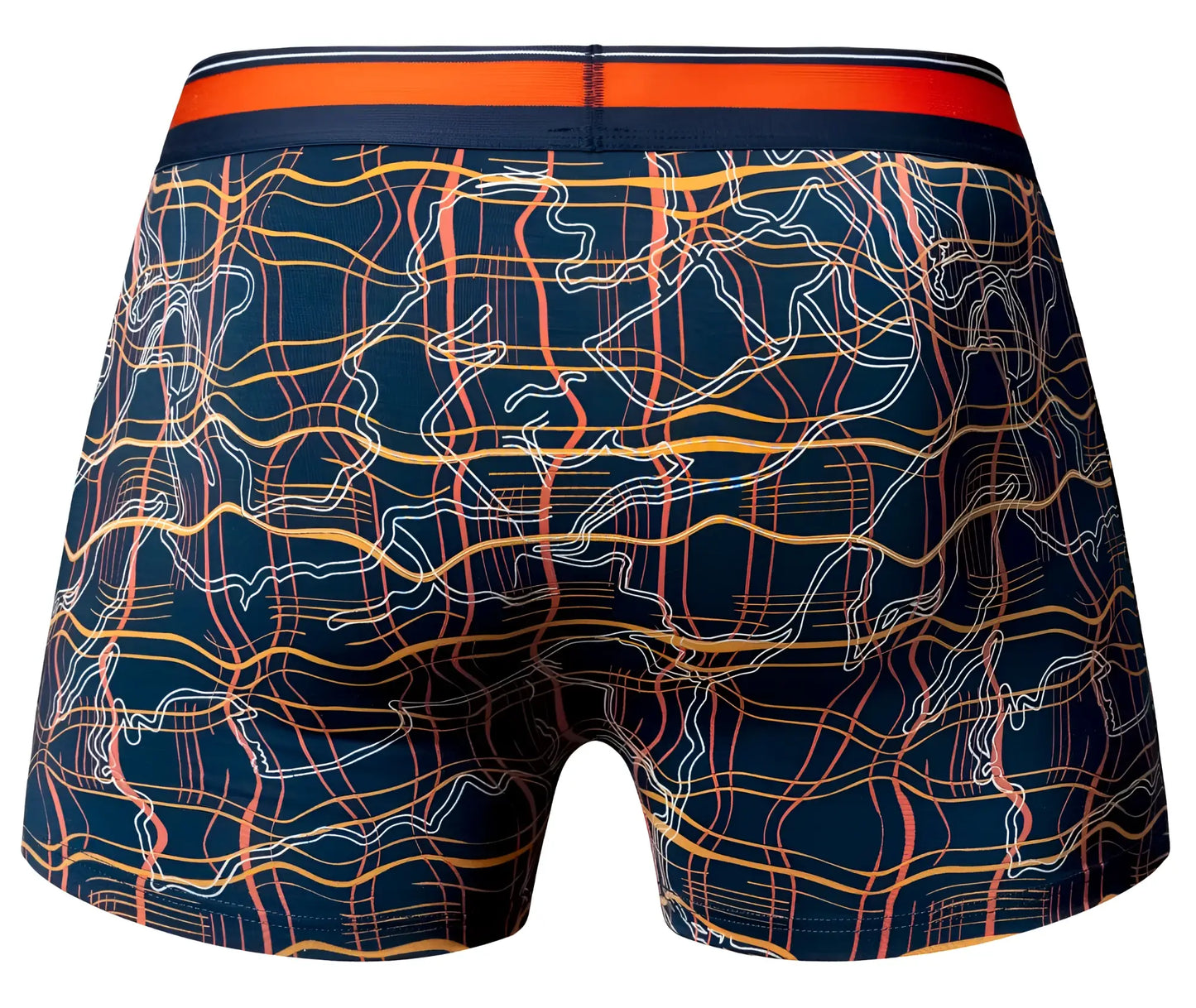 Male power 160-299 soo cumfy boxer briefs in navy blue with vibrant orange yellow and white abstract wavy lines pattern