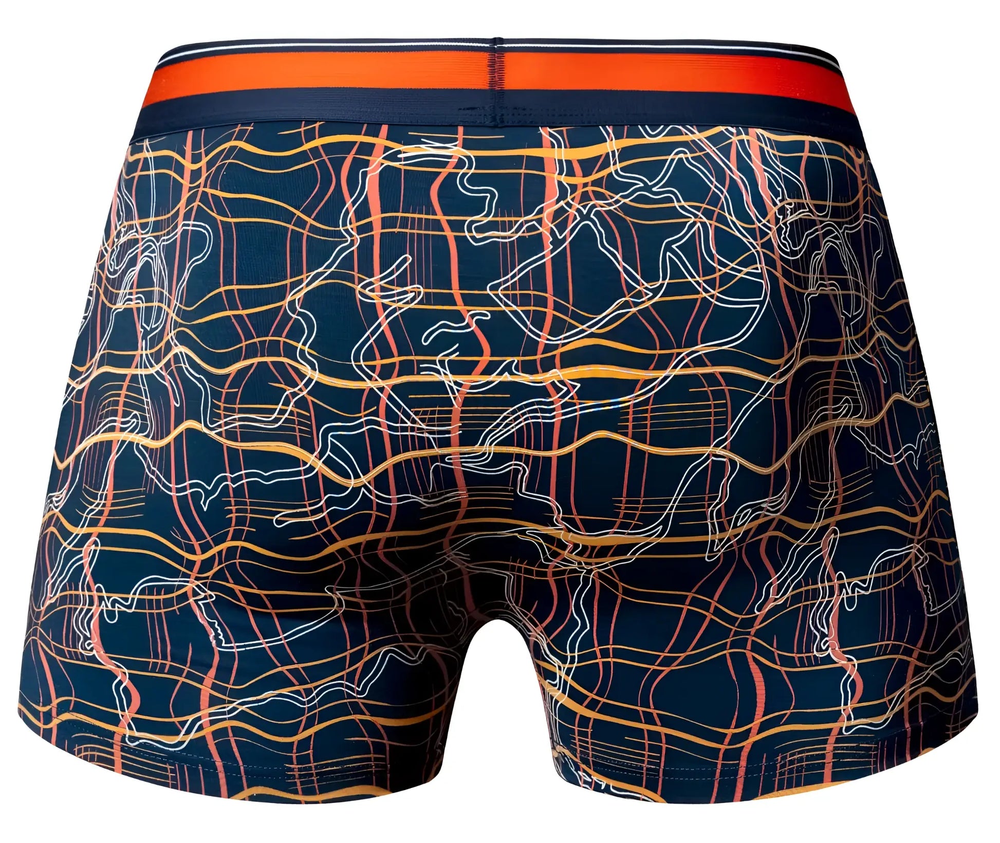 Male power 160-299 soo cumfy boxer briefs in navy blue with vibrant orange yellow and white abstract wavy lines pattern