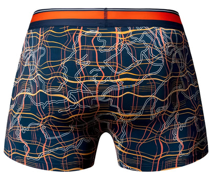 Male power 160-299 soo cumfy boxer briefs in navy blue with vibrant orange yellow and white abstract wavy lines pattern