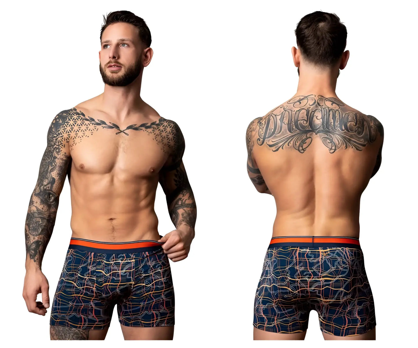 Men’s navy blue Male Power 160-299 Soo Cumfy boxer briefs with orange pink geometric pattern and orange waistband