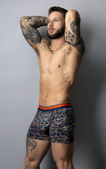 Male power 160-299 soo cumfy navy boxer briefs with orange and white geometric pattern and orange waistband