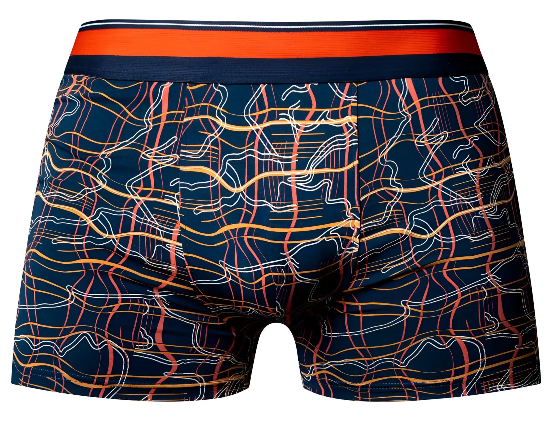 Male power 160-299 soo cumfy boxer brief in navy blue with vibrant orange yellow and white abstract wavy lines pattern