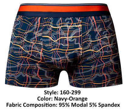 Male power 160-299 soo cumfy navy-orange boxer briefs with dynamic wavy orange yellow and white lines on dark blue background