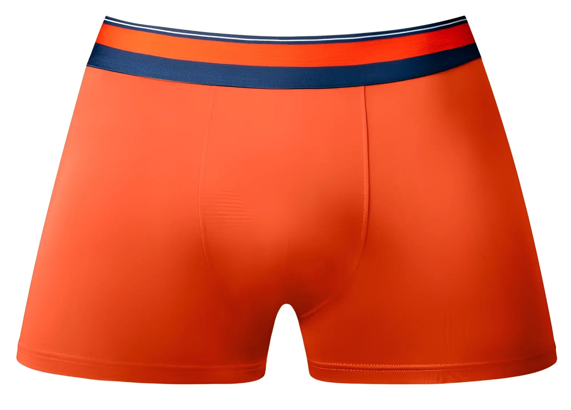 Male Power 160-299 Soo Cumfy boxer briefs in bright orange with navy blue waistband and white red stripes