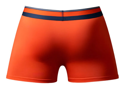 Bright orange male power 160-299 soo cumfy boxer briefs with navy blue white and gray striped waistband