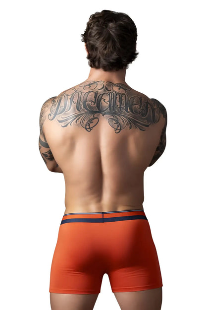 Male power 160-299 soo cumfy boxer brief in orange with navy blue trim designed for comfort and support