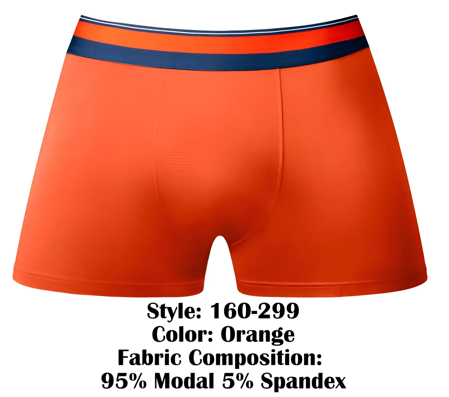 Male power 160-299 soo cumfy boxer brief in orange with navy blue and white striped waistband made of 95 modal 5 spandex