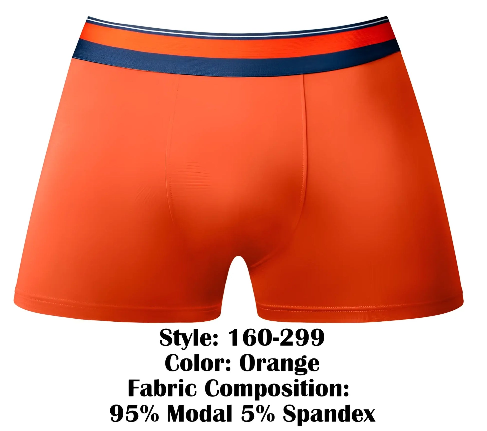 Male power 160-299 soo cumfy boxer brief in orange with navy blue and white striped waistband made of 95 modal 5 spandex