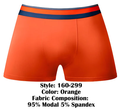 Male power 160-299 soo cumfy boxer brief in orange with navy blue and white striped waistband made of 95 modal 5 spandex