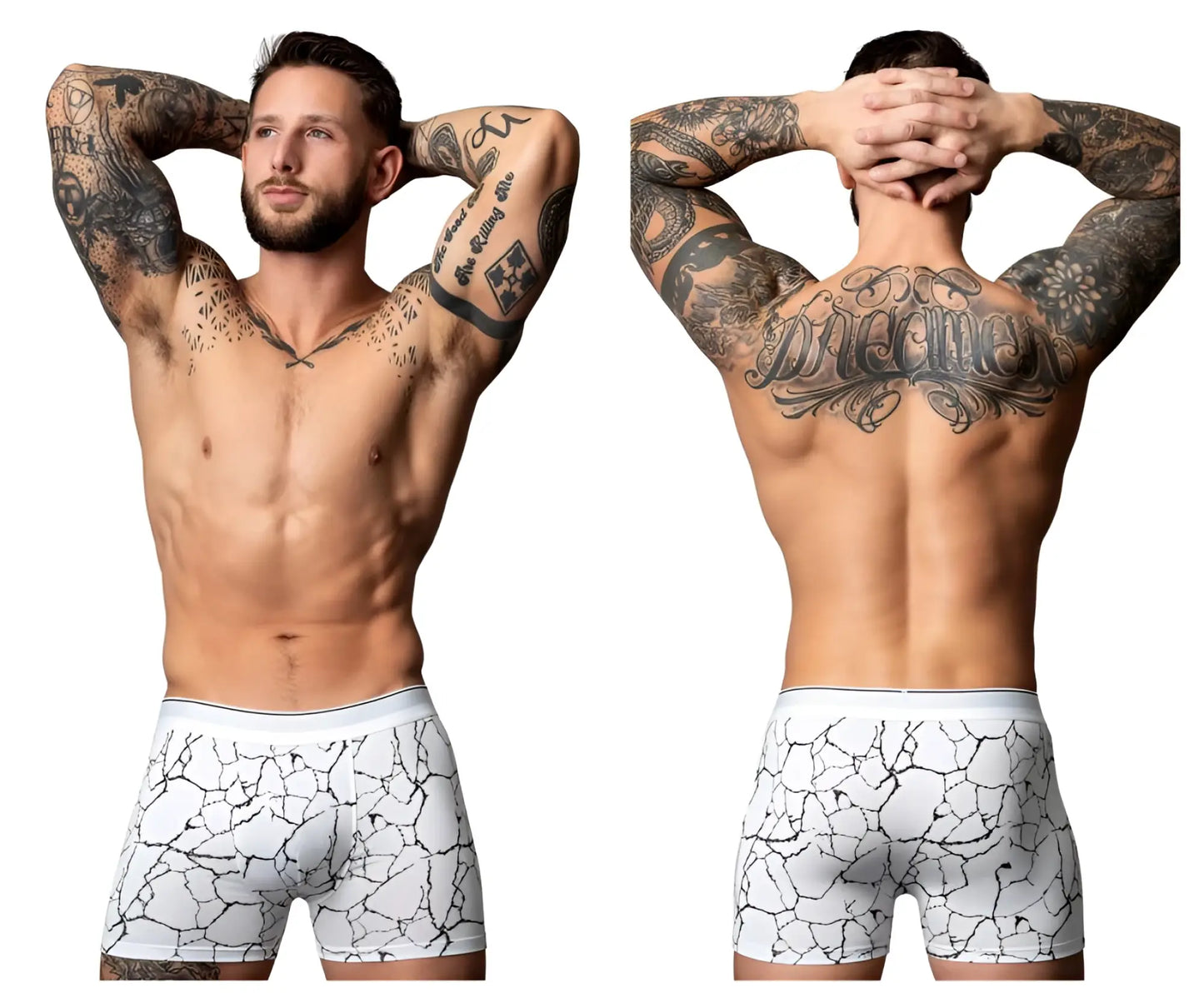 Male Power Soo Cumfy white boxer briefs with black cracked earth pattern for comfortable everyday wear