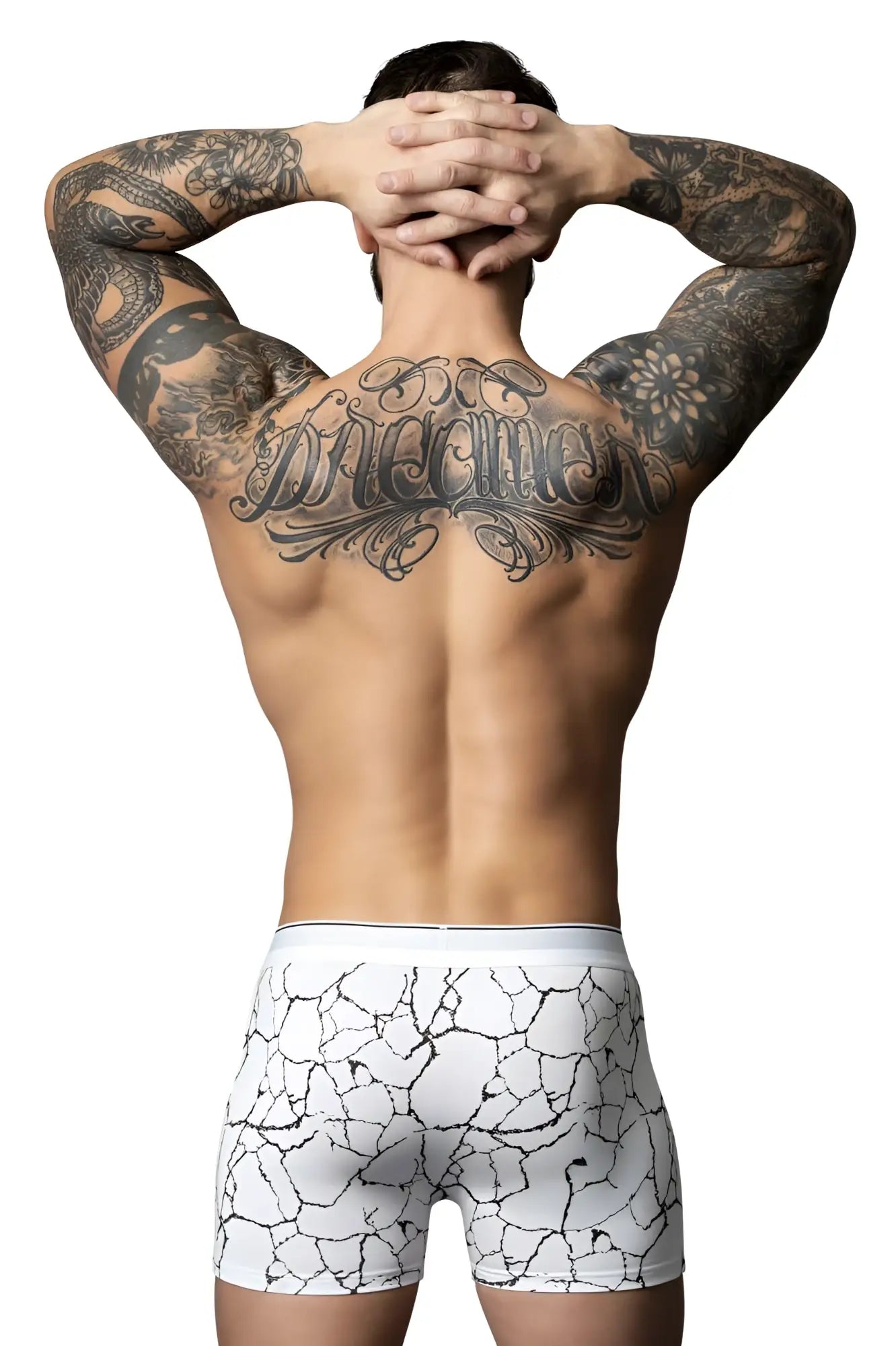 White-black male power boxer briefs featuring a black cracked earth pattern for comfortable daily wear