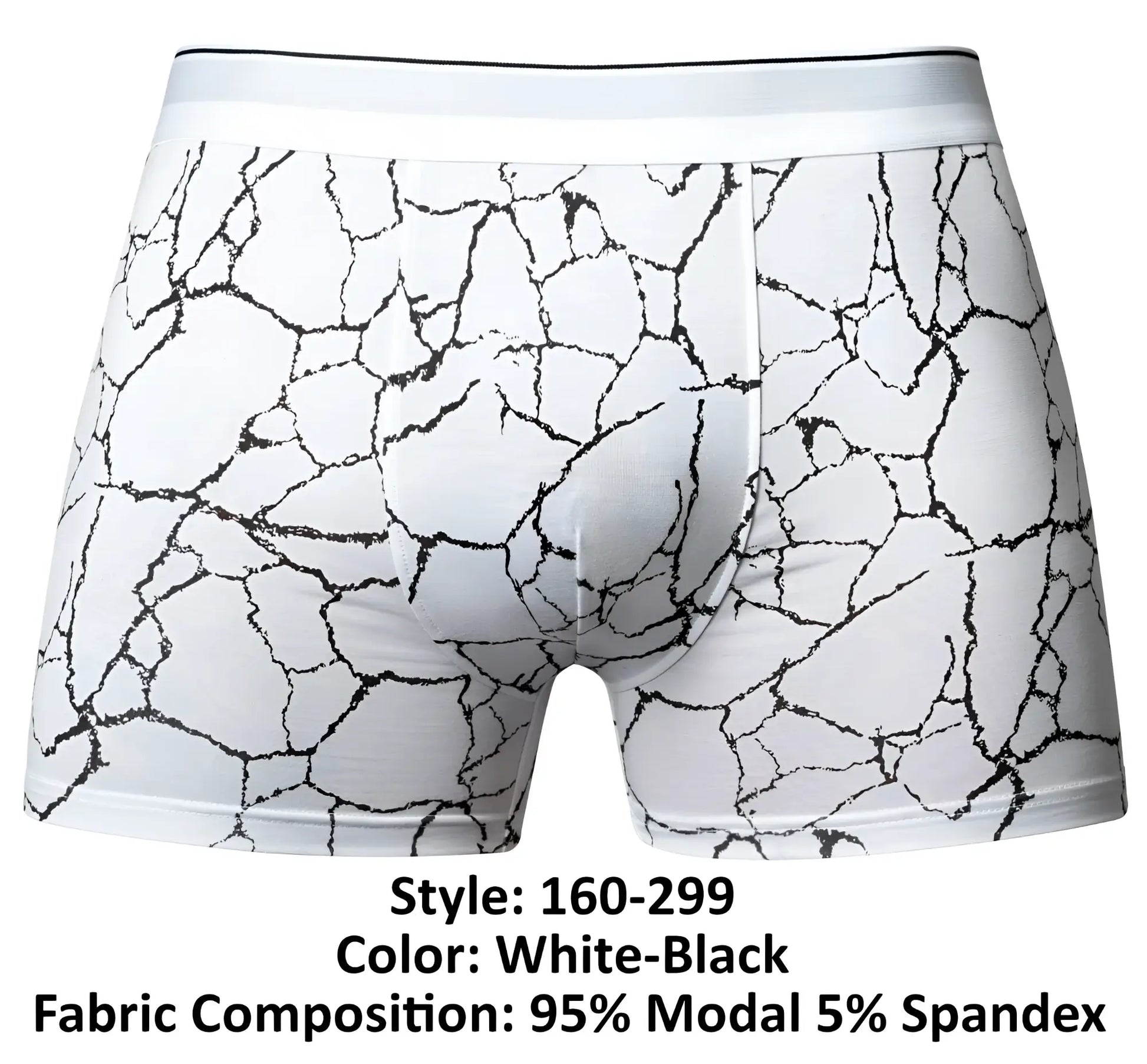 Male power 160-299 soo cumfy boxer briefs in white and black cracked marble pattern made of 95% modal 5% spandex
