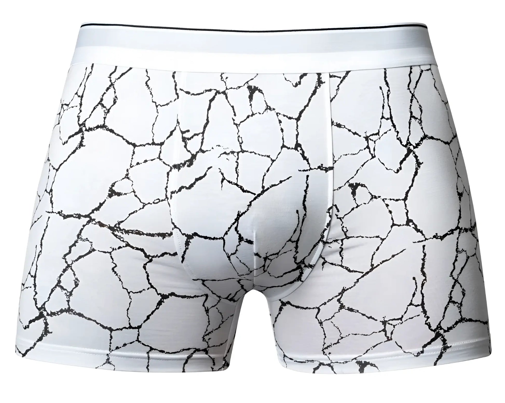 Male power 160-299 soo cumfy boxer brief in white with black cracked marble pattern on fabric front view