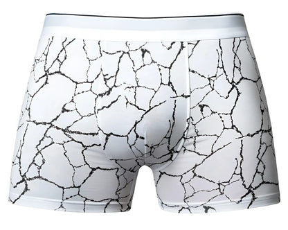 Male power 160-299 soo cumfy boxer brief in white with black cracked marble pattern on fabric front view