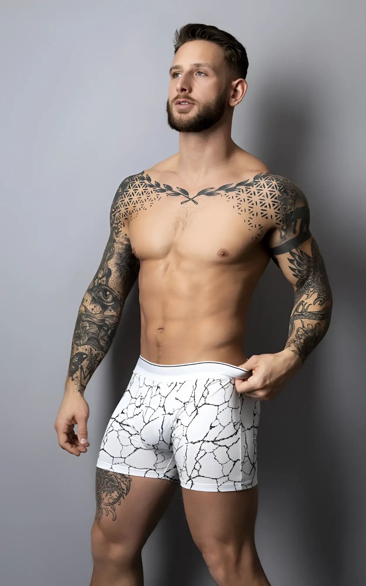 Male power soo cumfy white boxer briefs with black crackle pattern and solid white waistband for comfortable wear