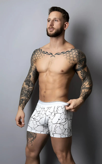 Male power soo cumfy white boxer briefs with black crackle pattern and solid white waistband for comfortable wear
