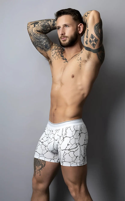 White boxer briefs with black crackle pattern design from Male Power 160-299 Soo Cumfy for comfortable wear