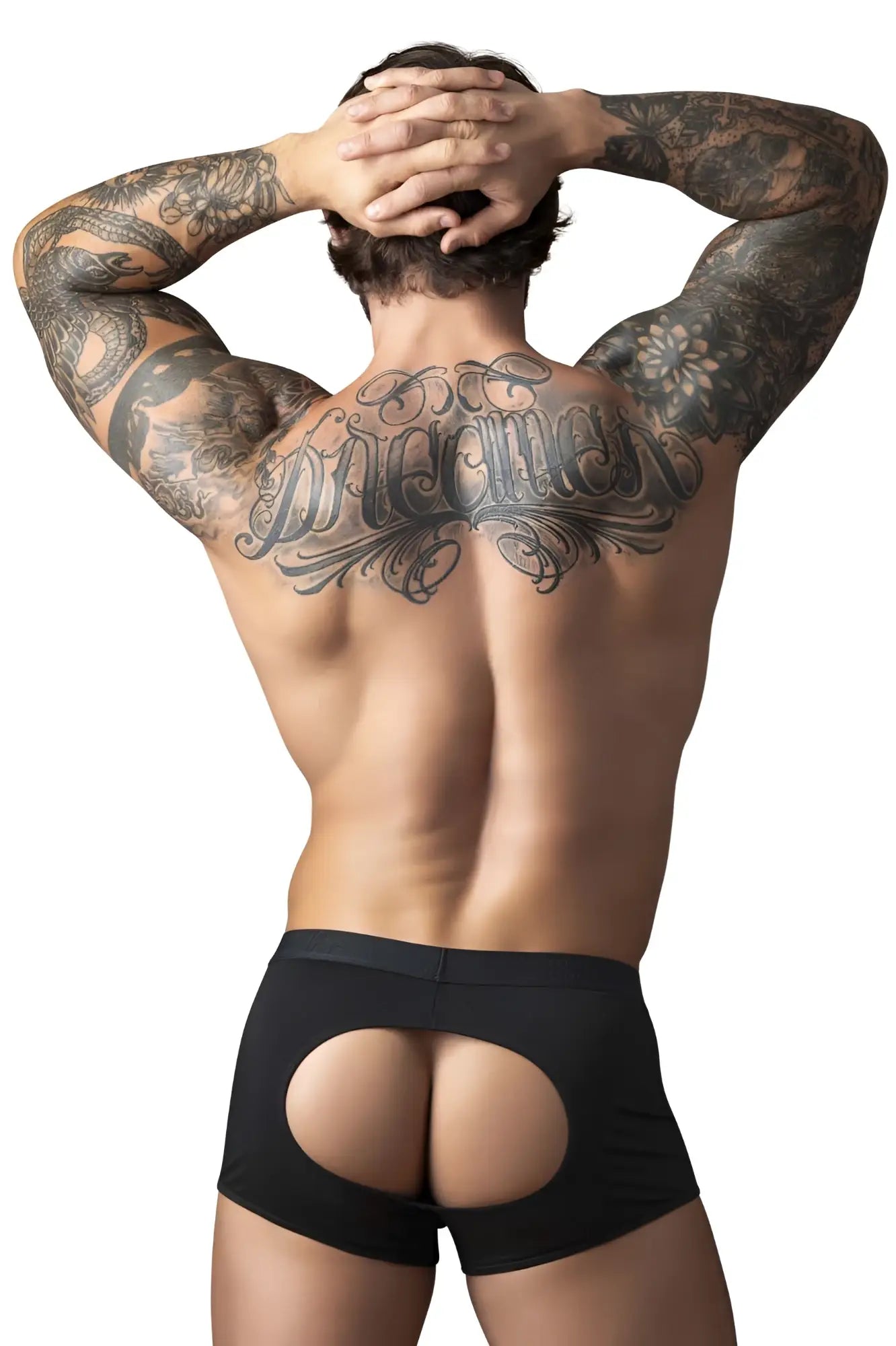 Black male power 162-304 open ended moonshine short briefs with elastic cock ring and oval back cutout shown from back side
