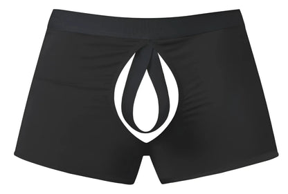 Black Male Power 162-304 open ended moonshine short boxer briefs with bold white flame logo and elastic cock ring