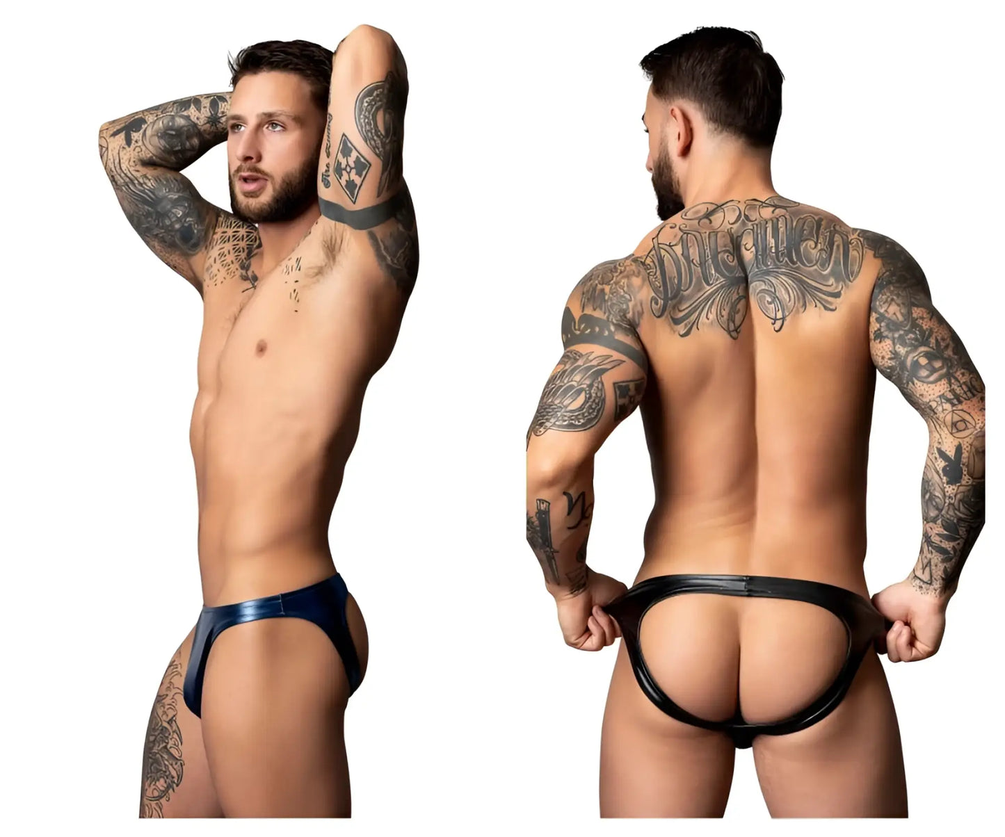 Male power 300-301 liquid onyx 2.0 black blue and black latex thong with central cutout design