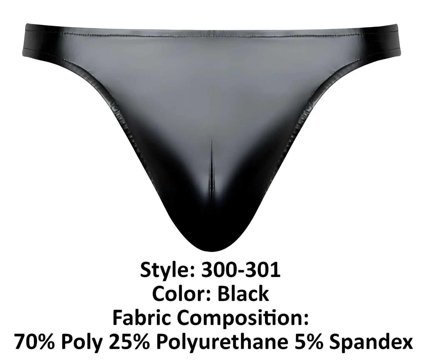 Male power 300-301 liquid onyx 2.0 black thong with glossy finish made of polyester polyurethane and spandex blend