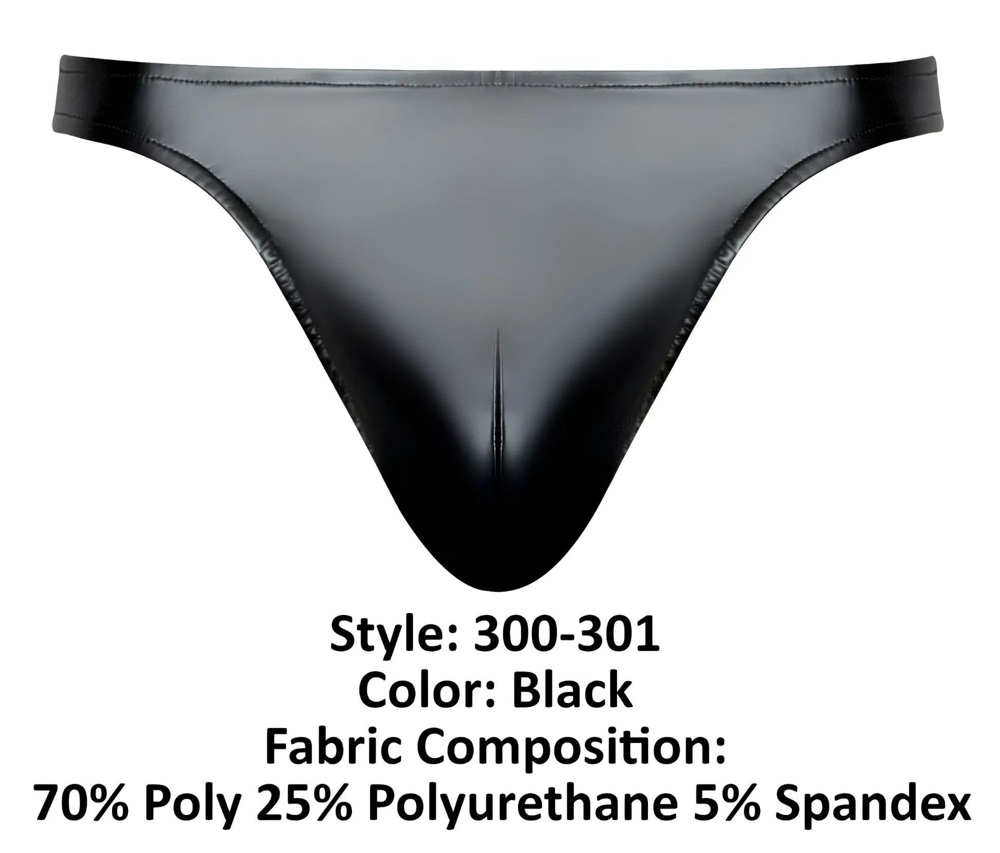 Male power 300-301 liquid onyx 2.0 black thong with glossy finish made of polyester polyurethane and spandex blend