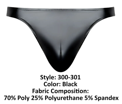 Male power 300-301 liquid onyx 2.0 black thong with glossy finish made of polyester polyurethane and spandex blend