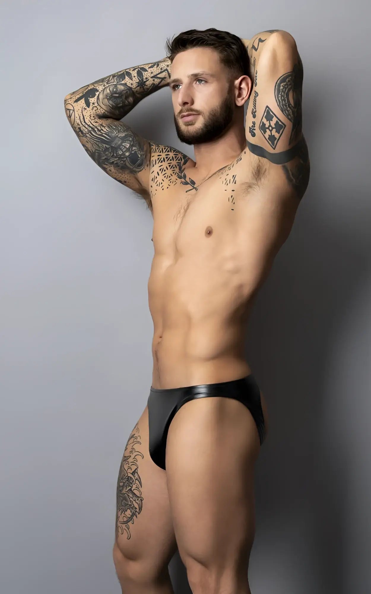 Male power 300-301 liquid onyx 2.0 black leather briefs showcasing sleek moonshine color front design