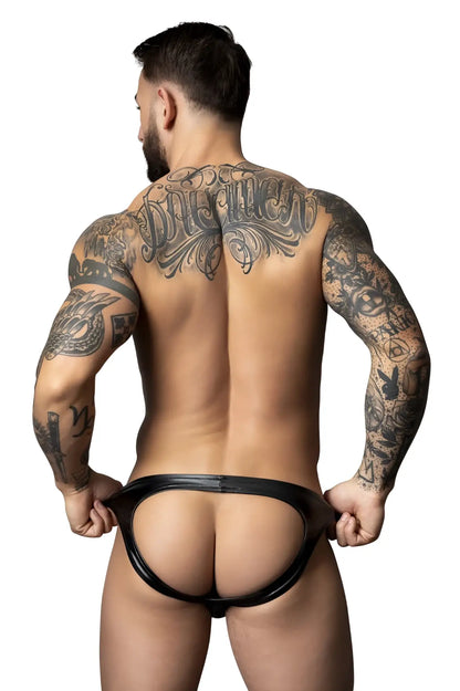 Male Power 300-301 Liquid Onyx 2.0 black leather-like briefs with sleek, form-fitting design shown from the back
