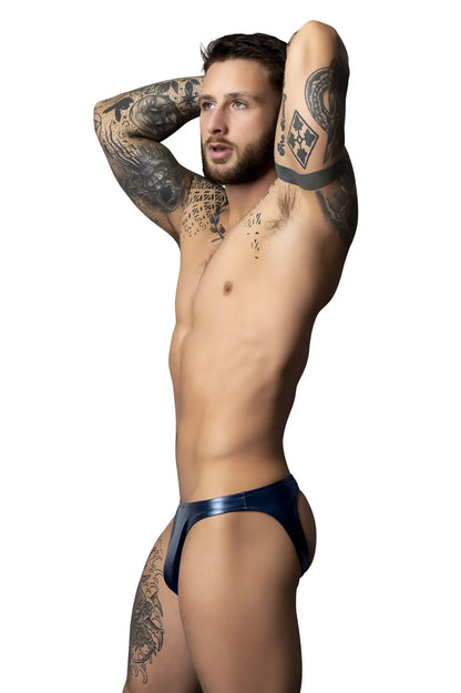 Navy blue shiny latex briefs male power 300-301 liquid onyx 2.0 moonshine color black front view