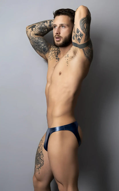 Shiny navy blue metallic male power 300-301 liquid onyx 2.0 moonshine briefs with a sleek finish