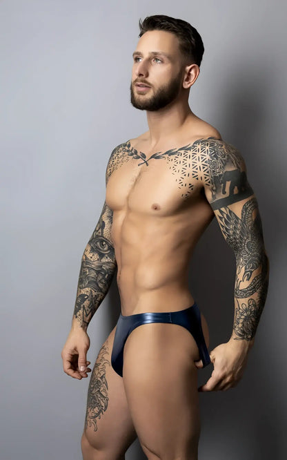 A sleek deep blue metallic brief with a glossy finish and contoured design from Male Power 300-301 liquid onyx 2.0