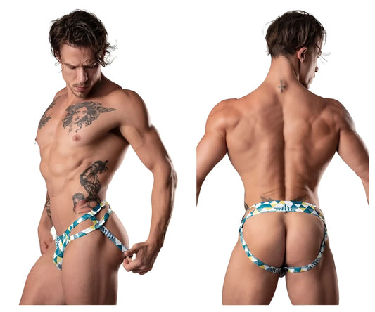 Male Power 302-292 cut it out moonshine blue white geometric patterned men’s briefs with distinctive cut out design