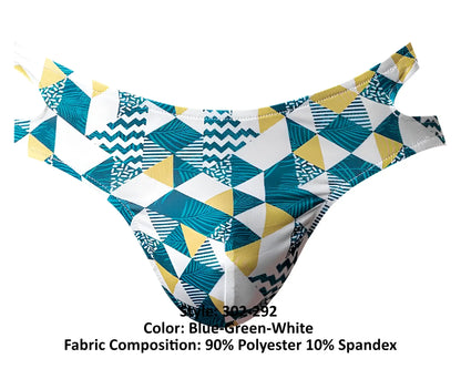 Blue-green and white geometric patterned male power 302-292 briefs made of 90 polyester 10 spandex