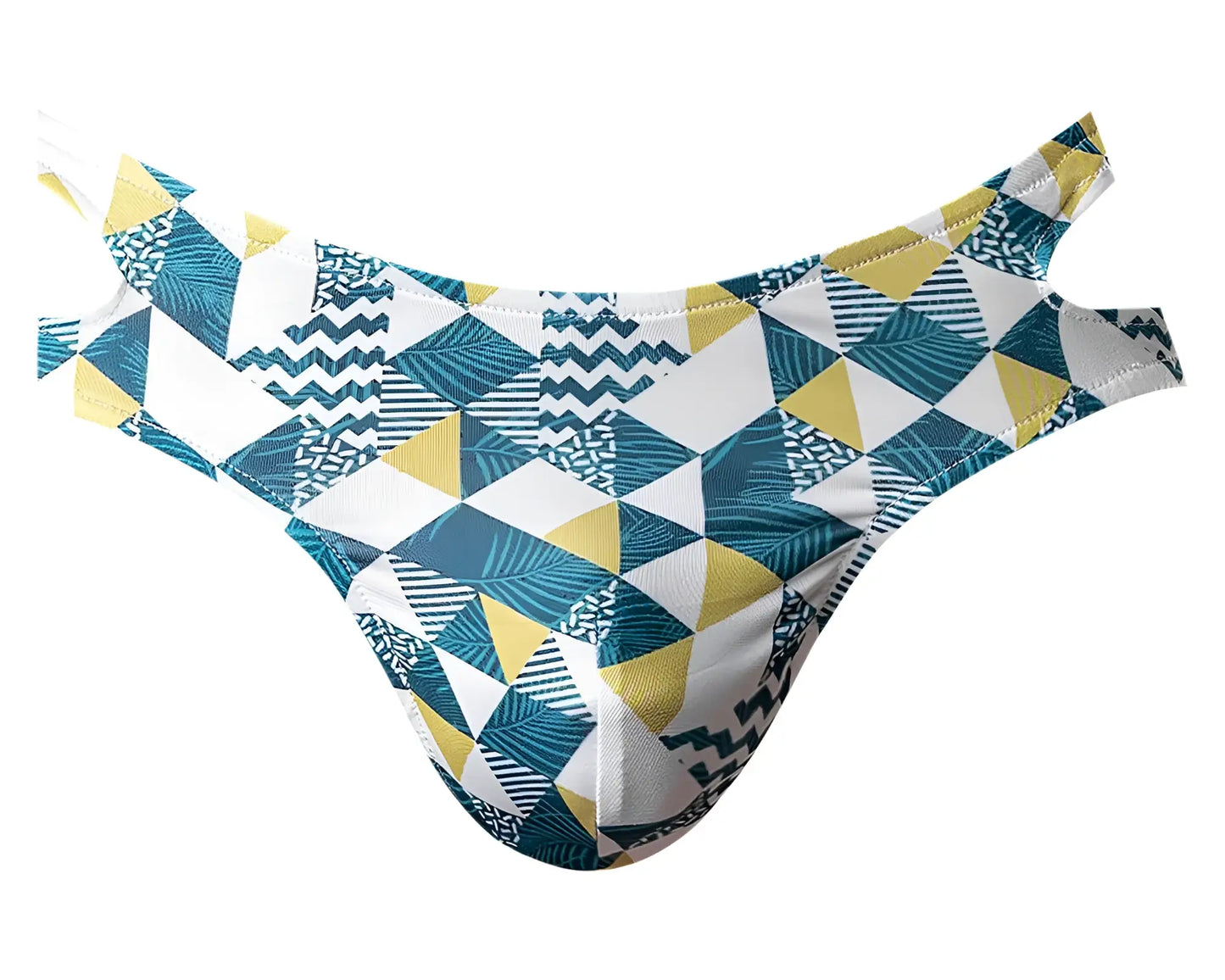 A men’s thong by Male Power featuring a cut out moonshine design in teal yellow and white with geometric patterns
