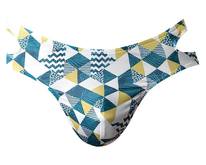 A men’s thong by Male Power featuring a cut out moonshine design in teal yellow and white with geometric patterns