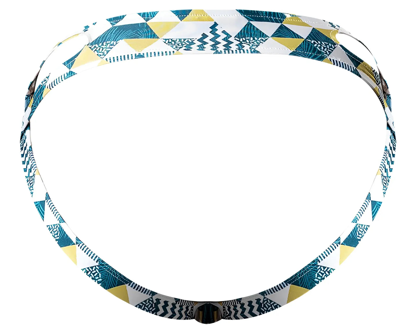 A male power 302-292 adjustable headband with teal yellow white geometric triangles and black line patterns