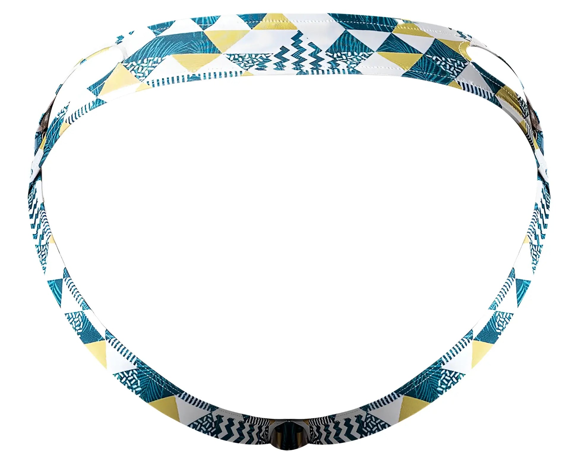 A male power 302-292 adjustable headband with teal yellow white geometric triangles and black line patterns