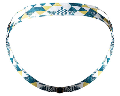 A male power 302-292 adjustable headband with teal yellow white geometric triangles and black line patterns