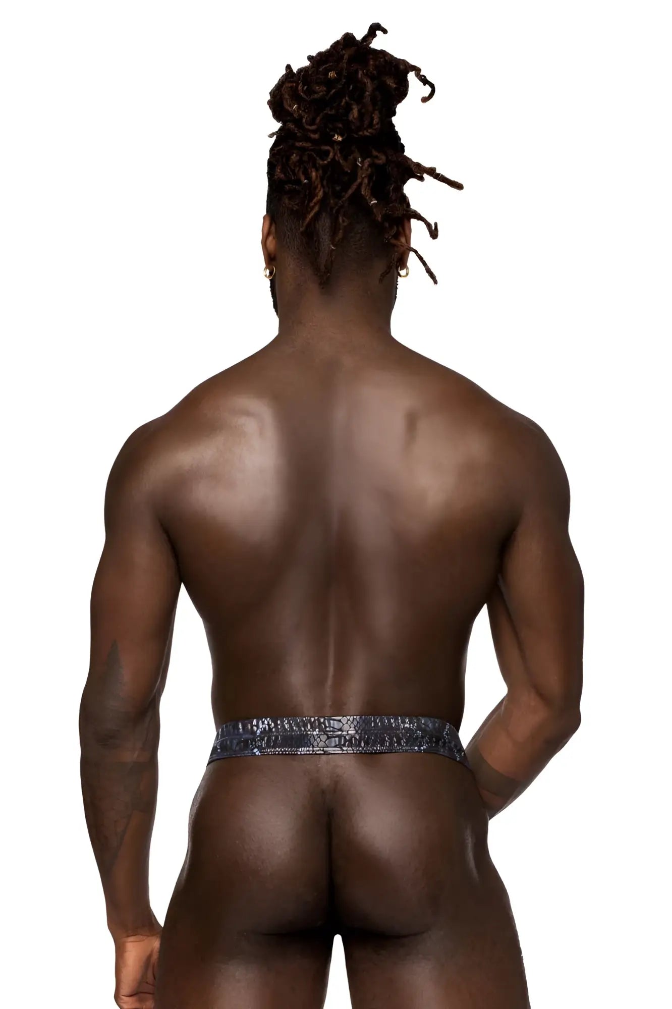 Male power 334-282 s-naked power sock briefs with a blue sequined waistband in black and blue colors