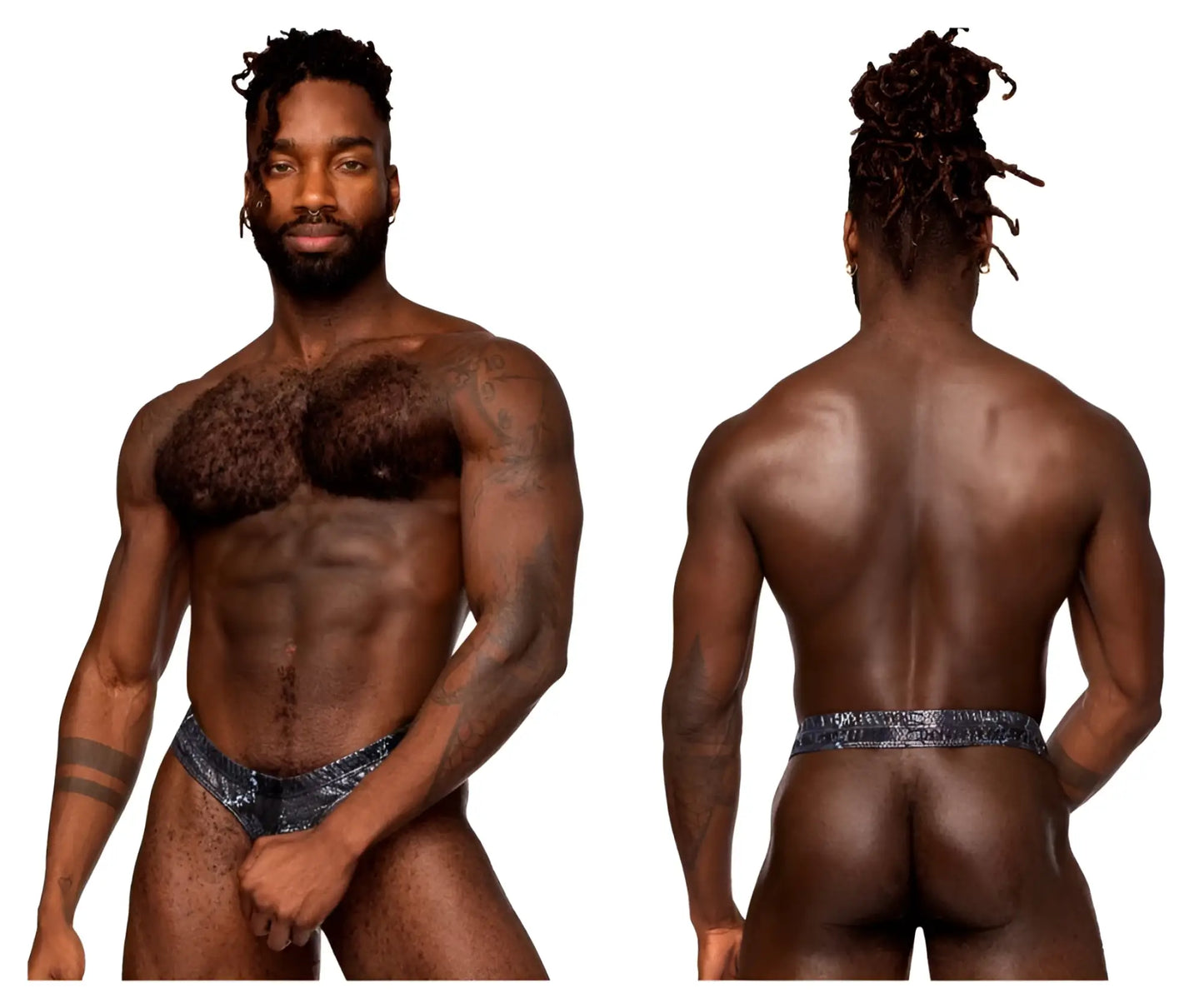 Shiny blue patterned men’s briefs made of sock material in black and blue by male power shown from front view