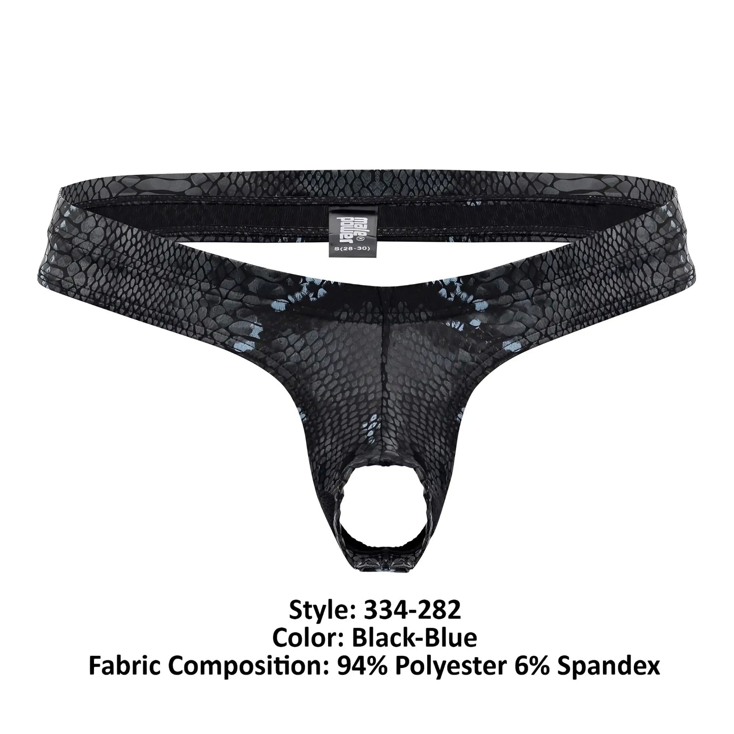 Male Power 334-282 black-blue snake-skin patterned thong made of 94 polyester and 6 spandex front view