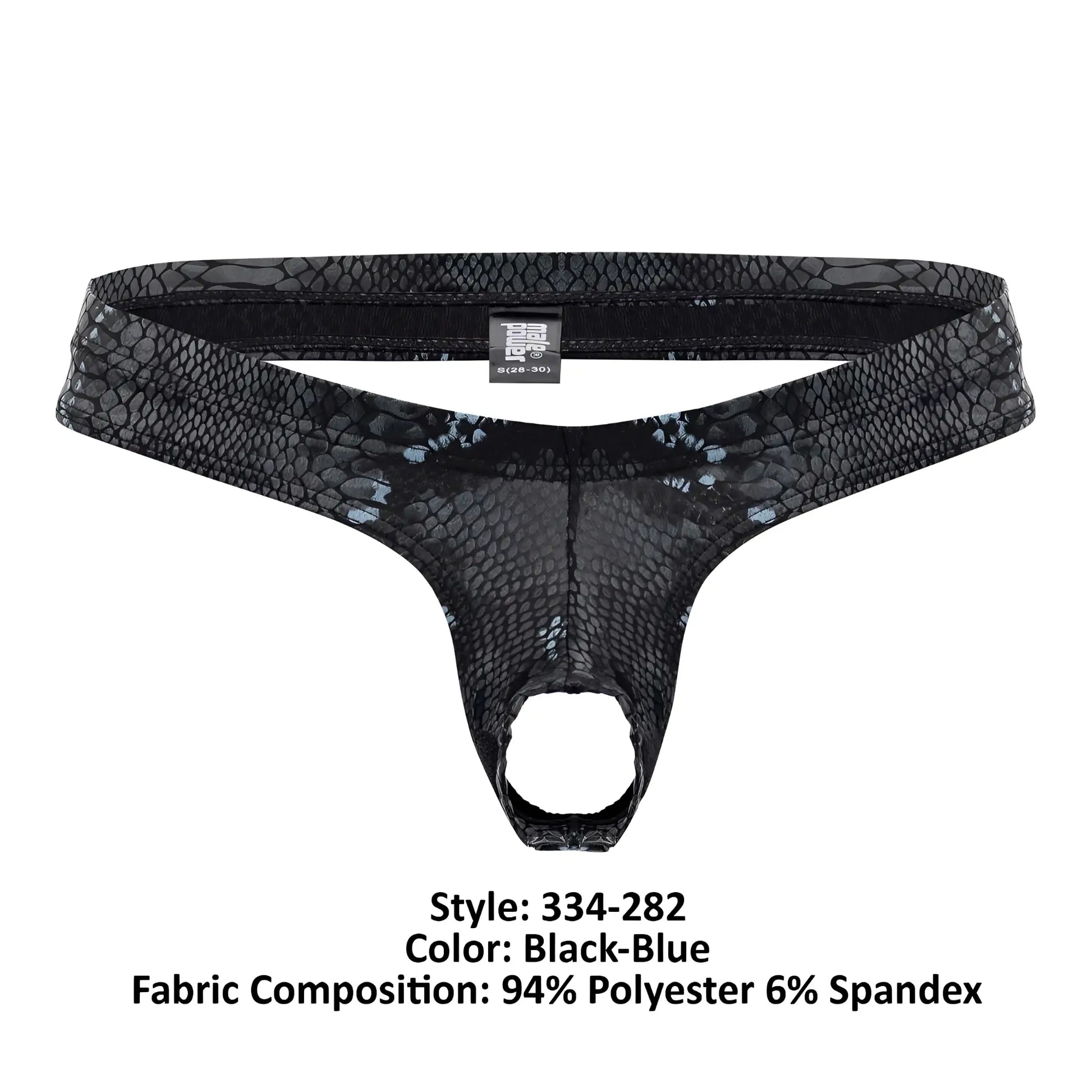 Male Power 334-282 black-blue snake-skin patterned thong made of 94 polyester and 6 spandex front view