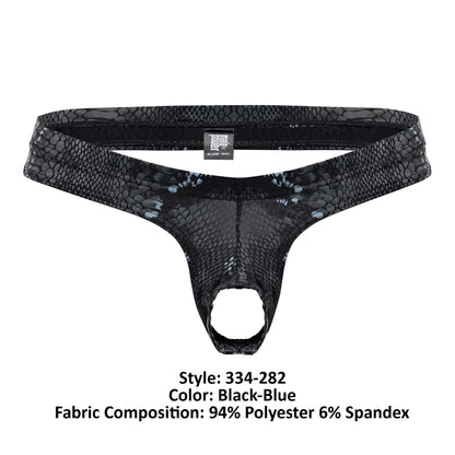 Male Power 334-282 black-blue snake-skin patterned thong made of 94 polyester and 6 spandex front view