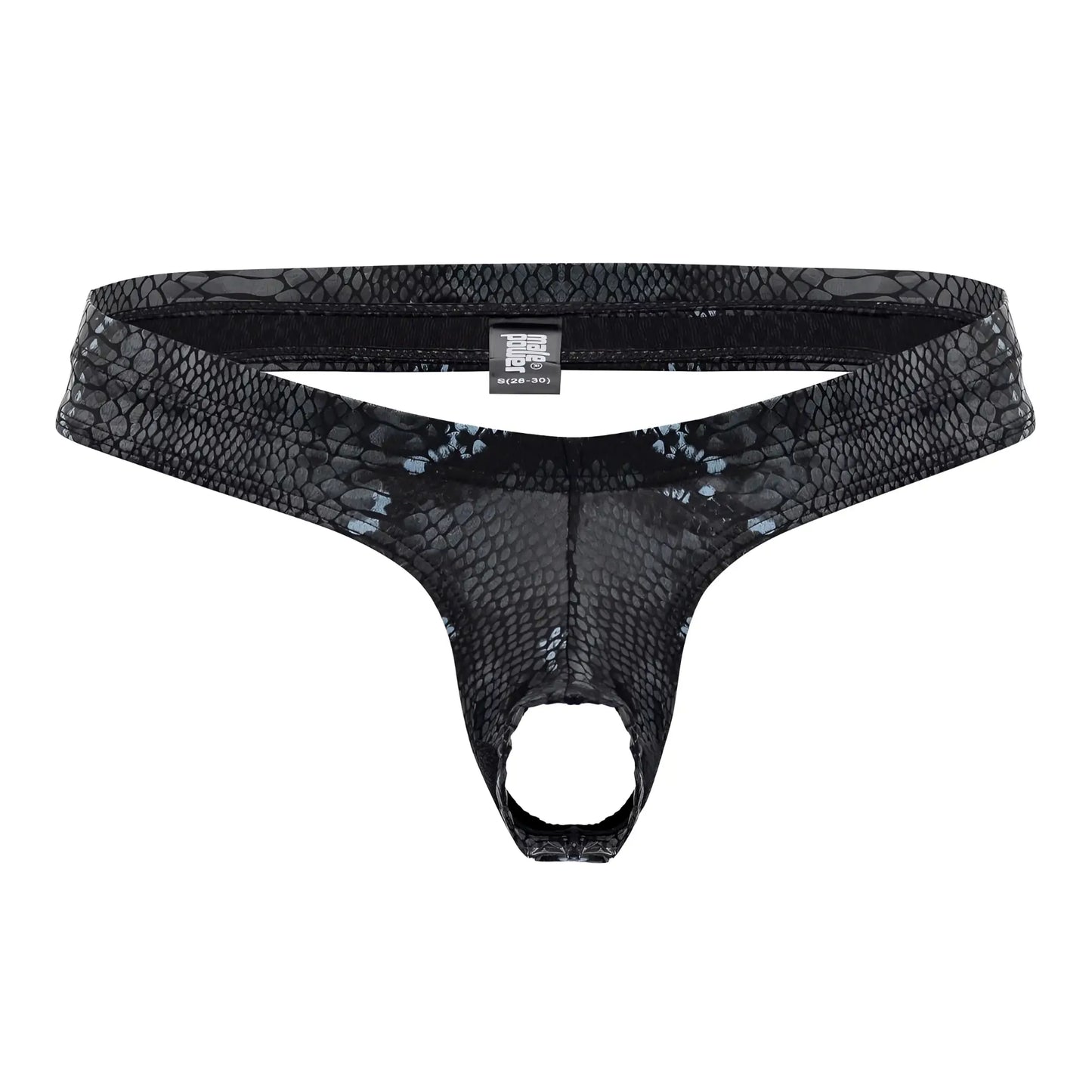 Black blue male power thong with snake skin pattern mesh texture and elastic waistband front view