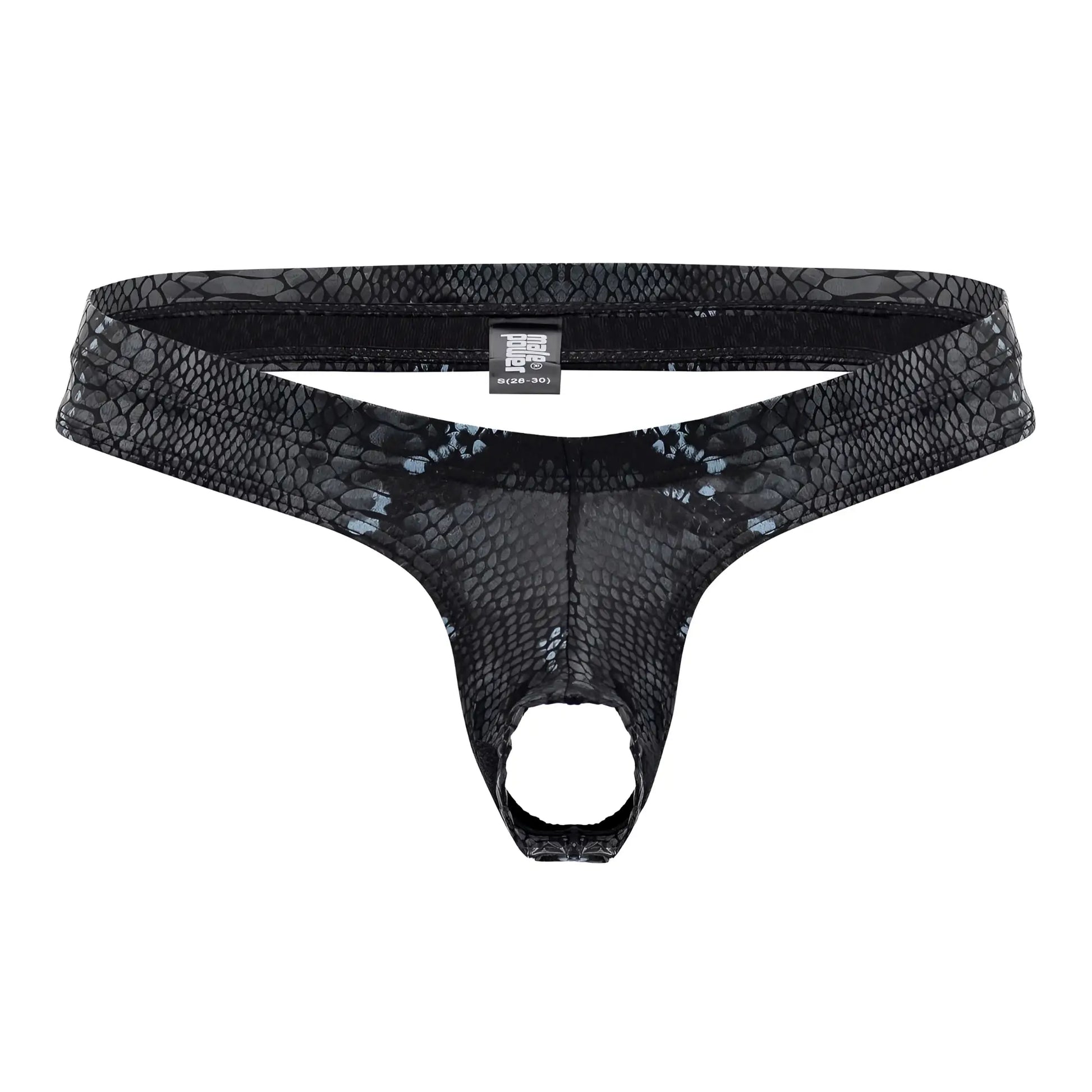Black blue male power thong with snake skin pattern mesh texture and elastic waistband front view